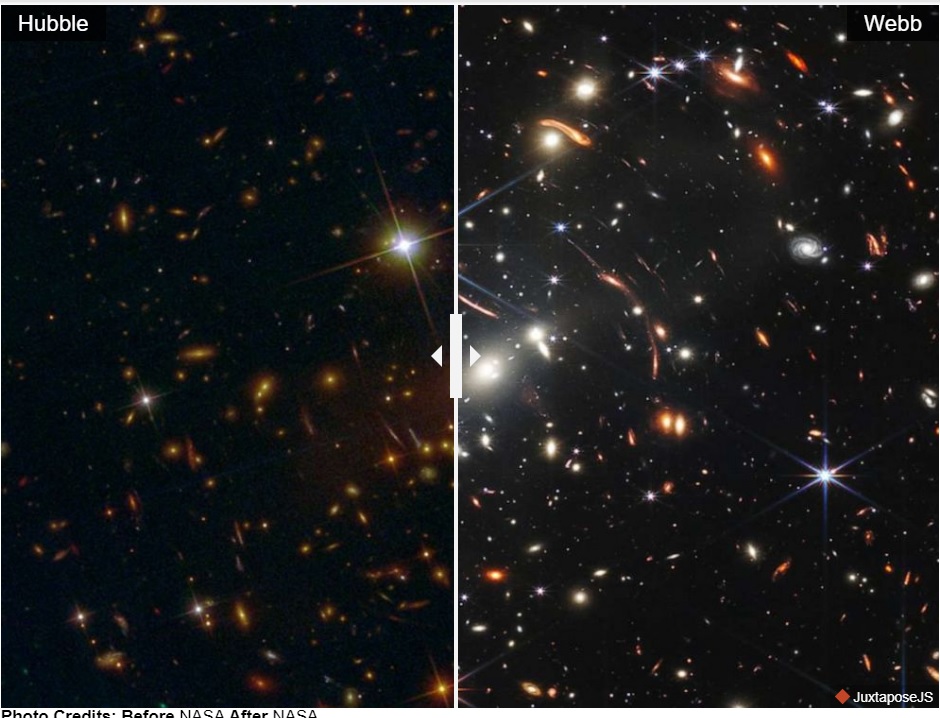 Split image comparing a Hubble and James Webb telescopes.
